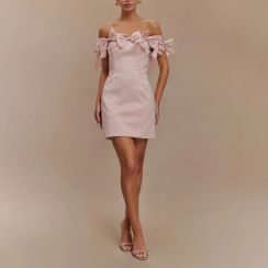 7Pcs Womens 3D Floral Design Strapless Pink Dresses