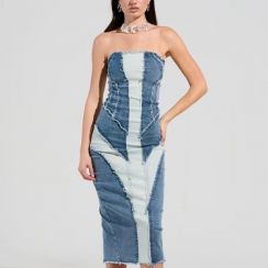 4Pcs Womens Sexy Strapless Denim Patchwork Midi Dresses