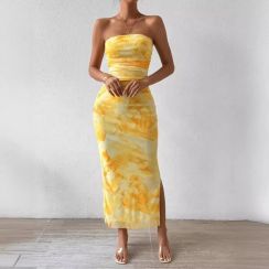 3Pcs Printed Mesh Split Long Dress