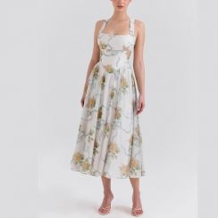 2Pcs Womens Square Neck Backless Floral Print Pleated Dress