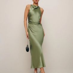 3Pcs Womens Elegant Green Satin Silk Sleeveless Dress