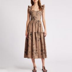 2Pcs Lady Elegant Floral Print Midi Sundress with Ruffled Shoulders