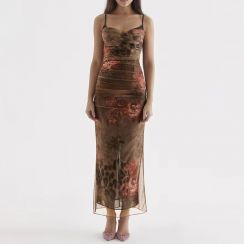 Womens Mesh Printed Slit Long Dress