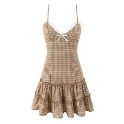 Womens Plaid Lace Bow Layered Decorative Camisole Dress