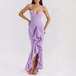 Mesh Ruffle Front Fishtail Dress