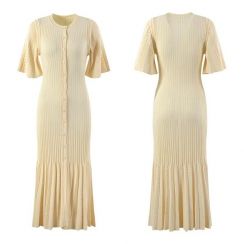 2Pcs French Color Crossing Pleated Elegant Knit One piece Dress