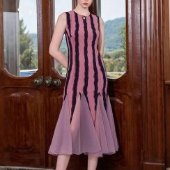 Contrast Lace Stripe Pink Sleeveless Dress