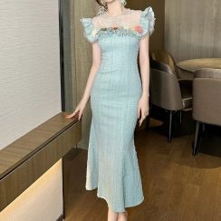 5Pcs Light Blue Beaded Cubic Floral Dress