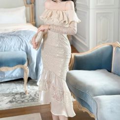 Sexy Strapless Floral Lace Ruffle Fishtail Dress