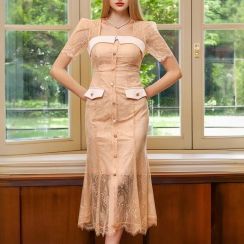 Embroidered Mesh Lace Short Sleeve Thin Layer Dress