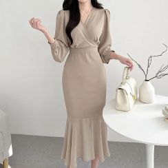 6Pcs Elegant V Neck Bubble Sleeve Fishtail Dress
