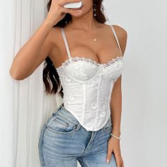 Floral Embroidery Corset Top Women Spaghetti Strap Lace Trim Bustier 